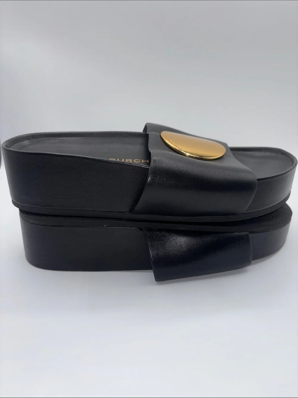 Tory Burch Black Leather Slide Sandals with Large Gold Discs